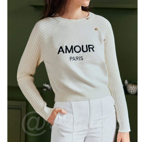Rouge! Sweaters - Off White French Style Knit Sweater Text Embroidery Amour Paris Long Sleeve